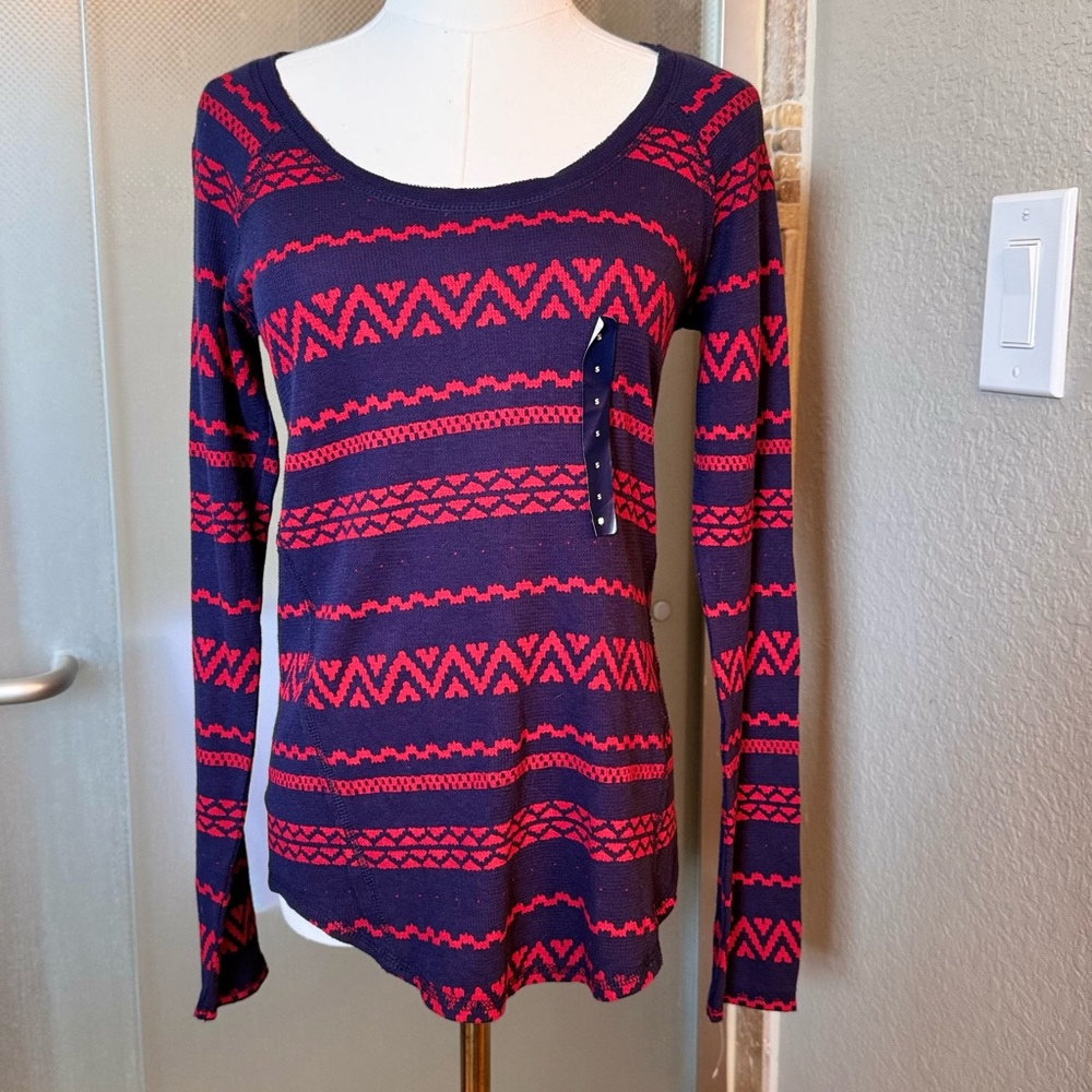 LUCKY BRAND Woven Navy & Red Fair Isle Knit Top Lightweight Thermal Tee - Picture 11 of 15